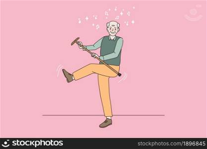 Happy elderly man feel optimistic energetic dancing with walking stick enjoying maturity. Smiling mature grandfather relax rest have fun follow heathy active lifestyle. Flat vector illustration.. Smiling elderly man relax dancing with walking stick