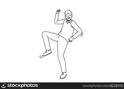 Happy elderly man have fun dancing. Smiling energetic old grandfather feel optimistic and positive moving. Healthy maturity. Vector illustration. . Energetic elderly grandfather dancing 