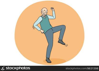 Happy elderly man have fun dancing. Smiling energetic old grandfather feel optimistic and positive moving. Healthy maturity. Vector illustration.. Energetic elderly grandfather dancing