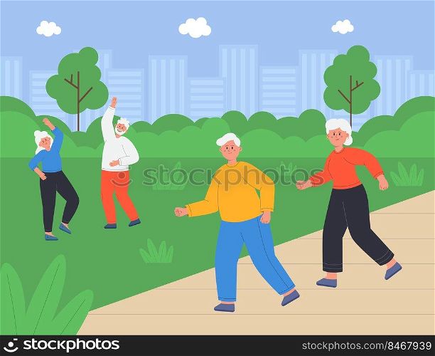 Happy elderly people running in city park or sanatorium. Active pensioners doing exercises in nature in summer flat vector illustration. Healthy lifestyle, outdoor activity concept for website design