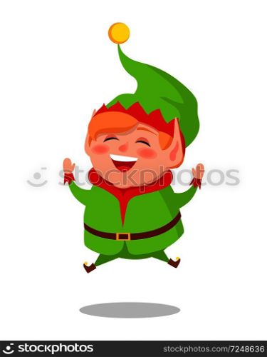 Happy elf jumping high vector illustration cartoon character in green suit isolated on white background. Smiling gnome leaps in air vector illustration. Happy Elf Jumping High Vector Illustration Cartoon