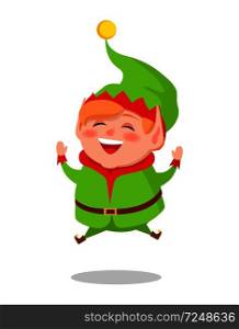 Happy elf jumping high vector illustration cartoon character in green suit isolated on white background. Smiling gnome leaps in air vector illustration. Happy Elf Jumping High Vector Illustration Cartoon