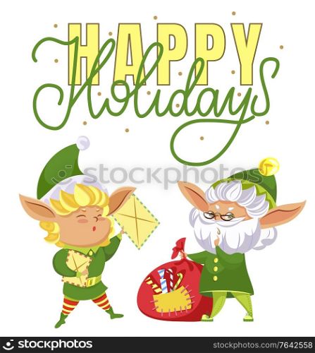 Happy elves preparing for christmas. Happy holiday caption, greeting card. Fairy characters among red sack with presents, santa claus helpers. Elf in costume and hat. Vector illustration in flat style. Happy Holidays, Elves Preparing for Christmas