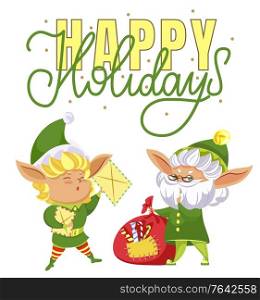 Happy elves preparing for christmas. Happy holiday caption, greeting card. Fairy characters among red sack with presents, santa claus helpers. Elf in costume and hat. Vector illustration in flat style. Happy Holidays, Elves Preparing for Christmas