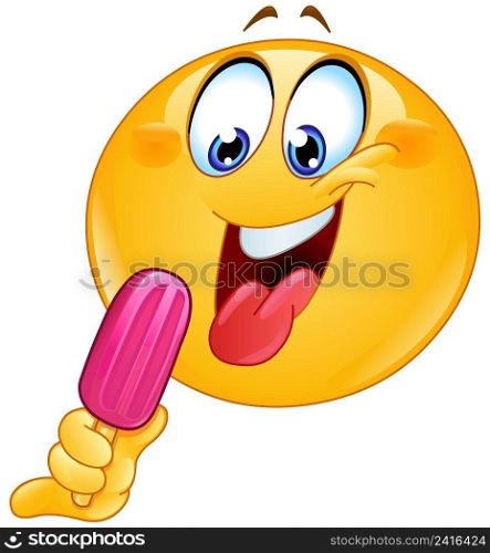 Happy emoji emoticon with tongue out getting ready to eat a Popsicle or an ice lolly pop 