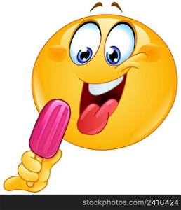 Happy emoji emoticon with tongue out getting ready to eat a Popsicle or an ice lolly pop 