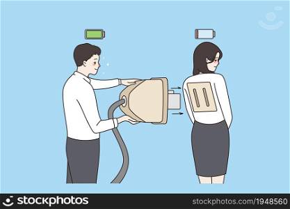 Happy energetic man put huge plug in socket to recharge tired unhappy woman colleague. Exhaustion at workplace. Job burnout problem. Businesspeople fatigue deal. Flat vector illustration.. Energetic man recharge exhausted female colleague with huge plug
