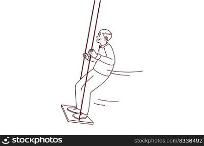 Happy energetic old man have fun on swing enjoy maturity. Smiling mature grandfather swinging outdoors show activity and energy on pension. Vector illustration. . Happy active elderly grandfather swinging 