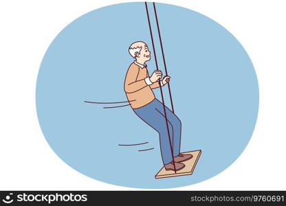 Happy energetic old man have fun on swing enjoy maturity. Smiling mature grandfather swinging outdoors show activity and energy on pension. Vector illustration.. Happy active elderly grandfather swinging