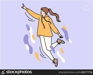 Happy energetic young woman flying engaged in creative thinking and visualization. Smiling girl feel inspired and creative in love. Inspiration and imagination concept. Vector illustration. . Energetic woman flying involved in creative thinking 