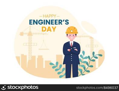 Happy Engineers Day Illustration Commemorative for Engineer with Worker, Helmet and Tools of in Flat Style Cartoon