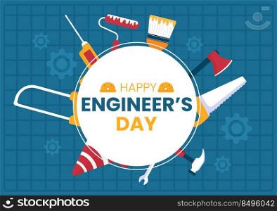 Happy Engineers Day Illustration Commemorative for Engineer with Worker, Helmet and Tools of in Flat Style Cartoon