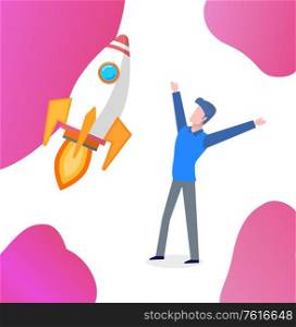 Happy entrepreneur with flying rocket vector. Successfully launched startup, businessman excited from success of project. Rapid pace speed of spaceship. New idea. Business Startup of Businessman, Happy Worker