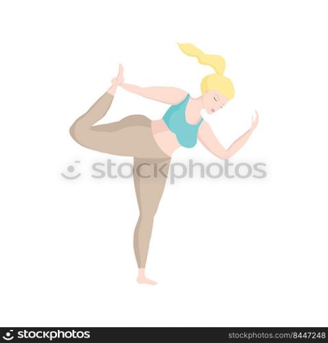 Happy european an oversized woman in the yoga position. Sports and health body positive concept. I love my body. Attractive plus size woman in active healthy lifestyle