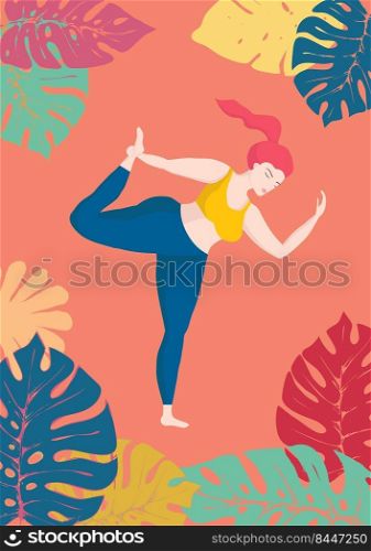 Happy european an oversized woman in yoga position on tropical monstera background. Sports and health body positive concept for postcard, yoga classes t-shirt active lifestyle