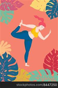 Happy european an oversized woman in yoga position on tropical monstera background. Sports and health body positive concept for postcard, yoga classes t-shirt active lifestyle