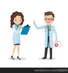 Happy European doctor and nurse,isolated on white background,flat vector illustration