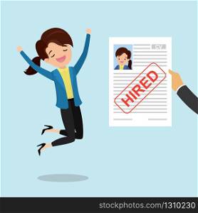 Happy european female jumping,successful office worker or businesswoman,hand holding resume paper with red stamp- hired,recruitment concept, Vector illustration