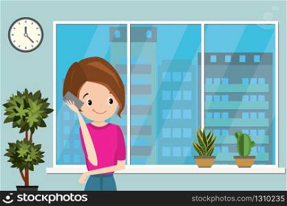 Happy european female talking on the smartphone standing by the window,flat vector illustration