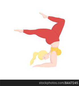 Happy european of oversized woman in yoga position handstand. Sport and body health positive concept. Love body. Attractive woman of large sizes an active healthy lifestyle