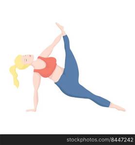 Happy european of oversized woman in yoga position. Sport and body health positive concept. Love body. Attractive woman of large sizes an active healthy lifestyle