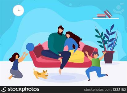 Happy Evening Family Relax Illustration. Father Hugging Mother while Sitting on Sofa. Children Playing Ball with Dog. Home Living Room Interior. Parenthood and Childhood. Flat Vector Cartoon. Happy Evening Family Relax Cartoon Illustration
