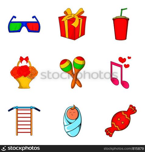 Happy event icons set. Cartoon set of 9 happy event vector icons for web isolated on white background. Happy event icons set, cartoon style