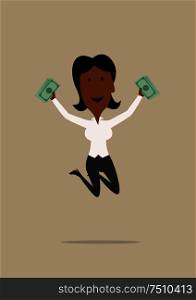 Happy excited african american businesswoman jumping with dollar packs in hands. For wealth, success or bonus design. Cartoon flat style