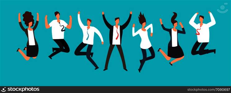 Happy excited business people, employees jumping together. Successful team work and leadership vector cartoon concept. Business leadership with team success jump illustration. Happy excited business people, employees jumping together. Successful team work and leadership vector cartoon concept