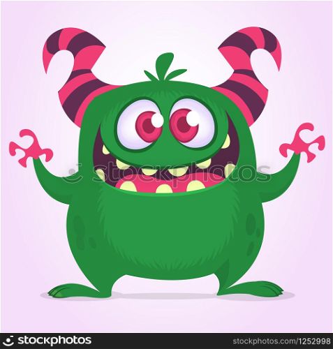 Happy excited cartoon monster. Vector green monster illustration. Halloween design