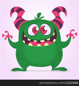 Happy excited cartoon monster. Vector green monster illustration. Halloween design