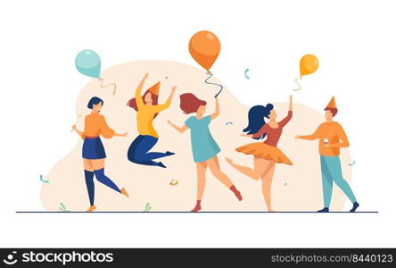 Happy excited people dancing at party flat vector illustration. Cheerful group of friends having fun together. Entertainment and celebration concept.