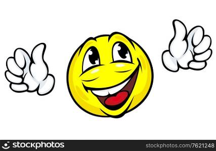 Happy face icon with hands in cartoon style