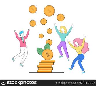 Happy Faceless Male and Female Characters Dancing and Jumping with Hands Up Around of Gold Coin Pile with Flying Dollars and Green Leaves on White Background. Linear Cartoon Flat Vector Illustration.. People Dancing Around of Gold Dollars Coin Pile.