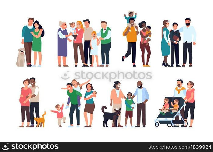 Happy families. Big people groups different ages, generations, portraits children and adults, parents and grandparents with kids. Happiness and generation vector set. Happy families. Big people groups different ages, generations, portraits children and adults, parents and grandparents with kids. Vector set