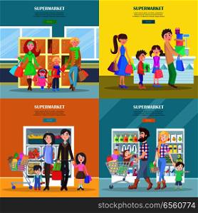 Happy families have shopping in big supermarket web banner. Different departments of store entrance, grocery and dairy product near cash register vector illustration. People buying necessary goods.. Happy Families Have Shopping in Big Supermarket.
