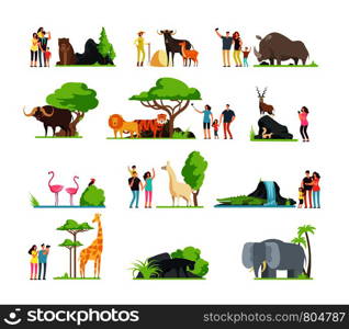 Happy families, kids with parents and wild zoo animals in wildlife park. Vector cartoon set isolated on white background. Illustration of giraffe and bird, bear and panther. Happy families, kids with parents and wild zoo animals in wildlife park. Vector cartoon set isolated on white background