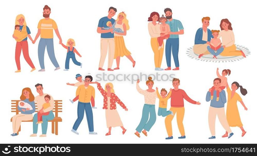 Happy families. Parent and kid walk, hug, read and play together. Mother with baby, father, son and daughter. Trendy flat family vector set. Illustration parent with kid, boy child and happy family. Happy families. Parent and kid walk, hug, read and play together. Mother with baby, father, son and daughter. Trendy flat family vector set