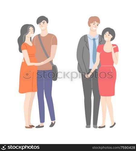 Happy families, wife and husband in gentle hugs isolated. Two married pairs, woman in red dresses and smiling males. Vector people in flat cartoon style. Happy Families, Wife and Husband in Hugs Isolated