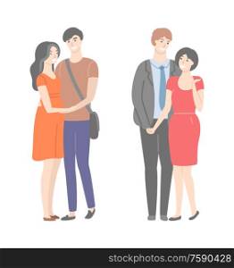 Happy families, wife and husband in gentle hugs isolated. Two married pairs, woman in red dresses and smiling males. Vector people in flat cartoon style. Happy Families, Wife and Husband in Hugs Isolated