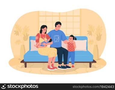 Happy family 2D vector isolated illustration. Sister meet infant brother. Smiling parents with children flat characters on cartoon background. Healthy realtionships colourful scene. Happy family 2D vector isolated illustration