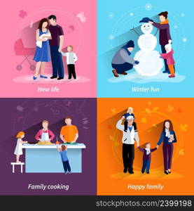 Happy family 4 flat icons square composition banner with cooking and newborn baby abstract isolated vector illustration. Parenthood 4 flat icons square set