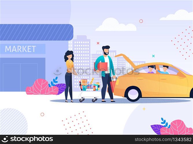 Happy Family after Shopping and Taxi Service Cartoon. Parents Loading Bags with Purchased Food and Goods in Car Trunk. Children in Automobile Cabin. Urban Street and Market. Vector Flat Illustration. Family after Shopping and Taxi Service Cartoon