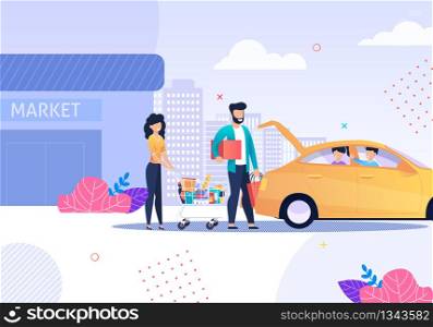 Happy Family after Shopping and Taxi Service Cartoon. Parents Loading Bags with Purchased Food and Goods in Car Trunk. Children in Automobile Cabin. Urban Street and Market. Vector Flat Illustration. Family after Shopping and Taxi Service Cartoon