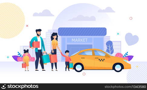 Happy Family after Shopping at Shop Mall. Mother and Father with Kids Standing with Bags Taking Taxi. Parents and Children on Urban Street. Online Delivery Service. Vector Cartoon Flat Illustration. Family Shopping and Taxi Service Flat Cartoon