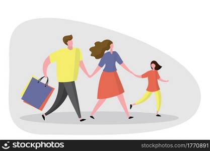 Happy Family after shopping.Male with shopping bags,trendy style design,flat vector illustration