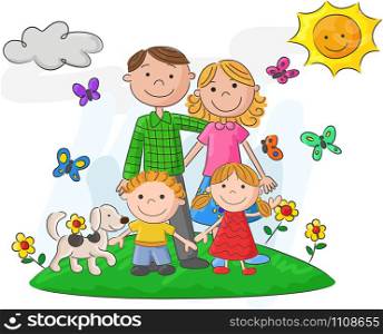 Happy family against a beautiful landscape, vector illustration.