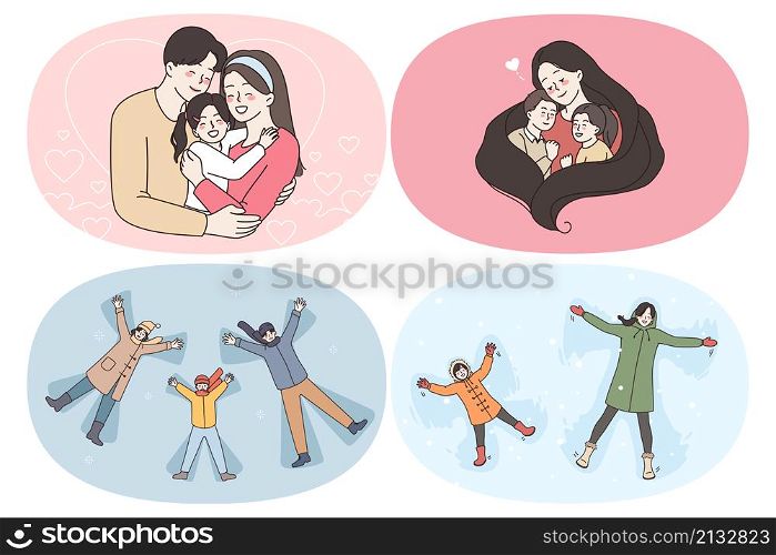 Happy family and childhood concept. Set of young happy families with children enjoying time together hugging lying on snow and playing as stars together vector illustration. Happy family and childhood concept