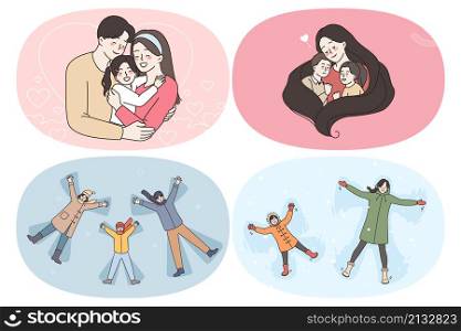Happy family and childhood concept. Set of young happy families with children enjoying time together hugging lying on snow and playing as stars together vector illustration. Happy family and childhood concept