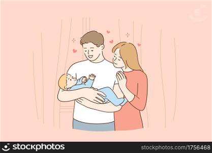 Happy family and childhood concept. Young smiling parents mother and father family standing and holding small toddler infant newborn baby in hands feeling love and happiness vector illustration . Happy family and childhood concept.